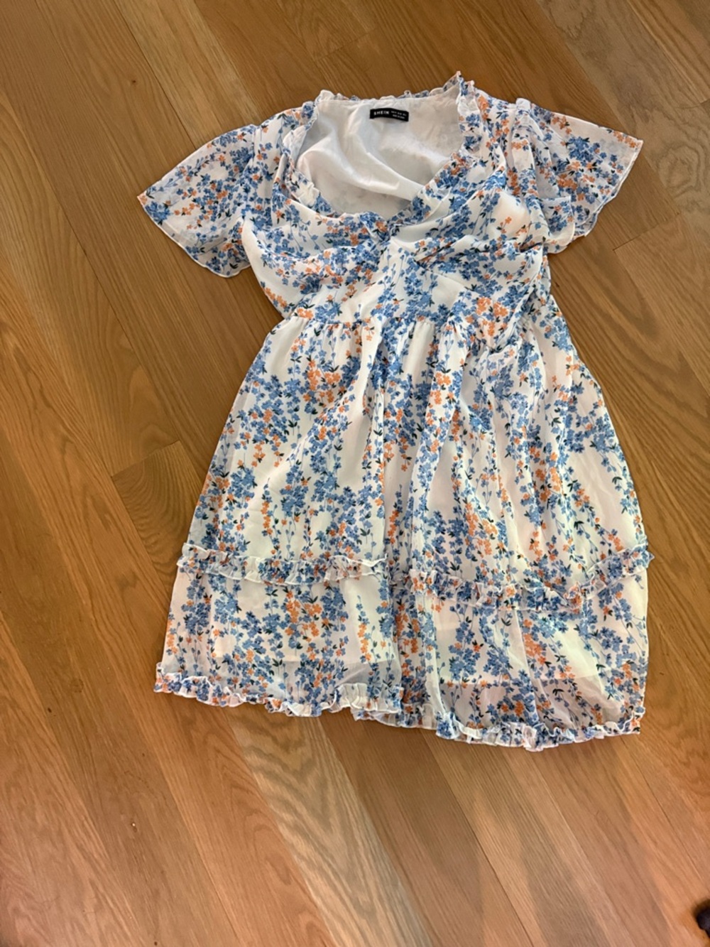 NWOT SHEIN White Floral Chiffon Dress with Blue & Peach Print M